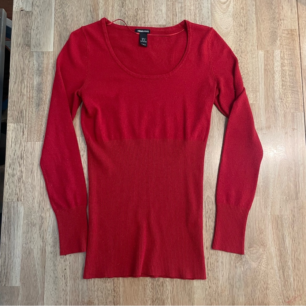 H&M Mama Maternity Red Crew Neck Sweater Slim Fit Ribbed Knit
